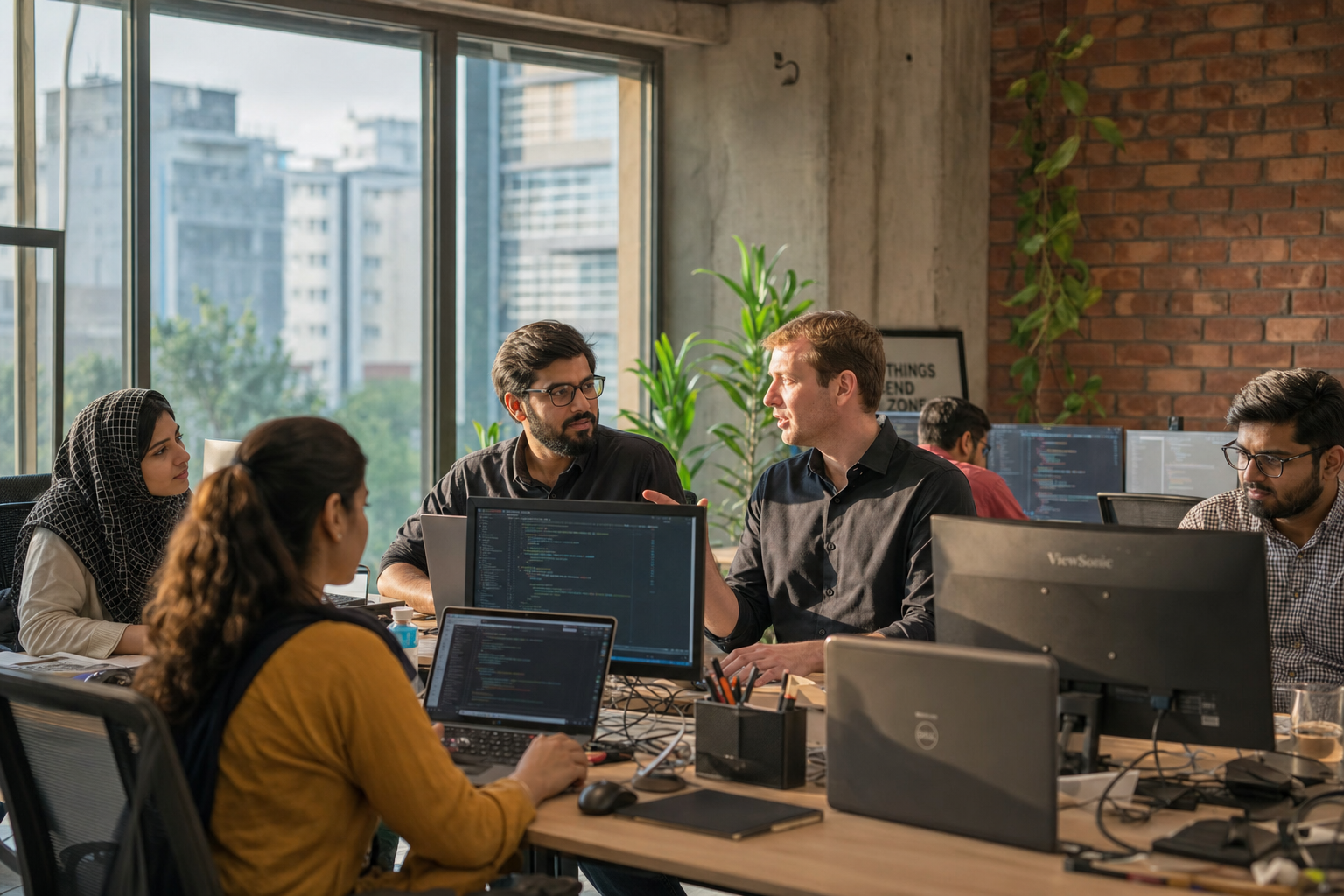 Engineering team collaborating in the Yggy Tech office