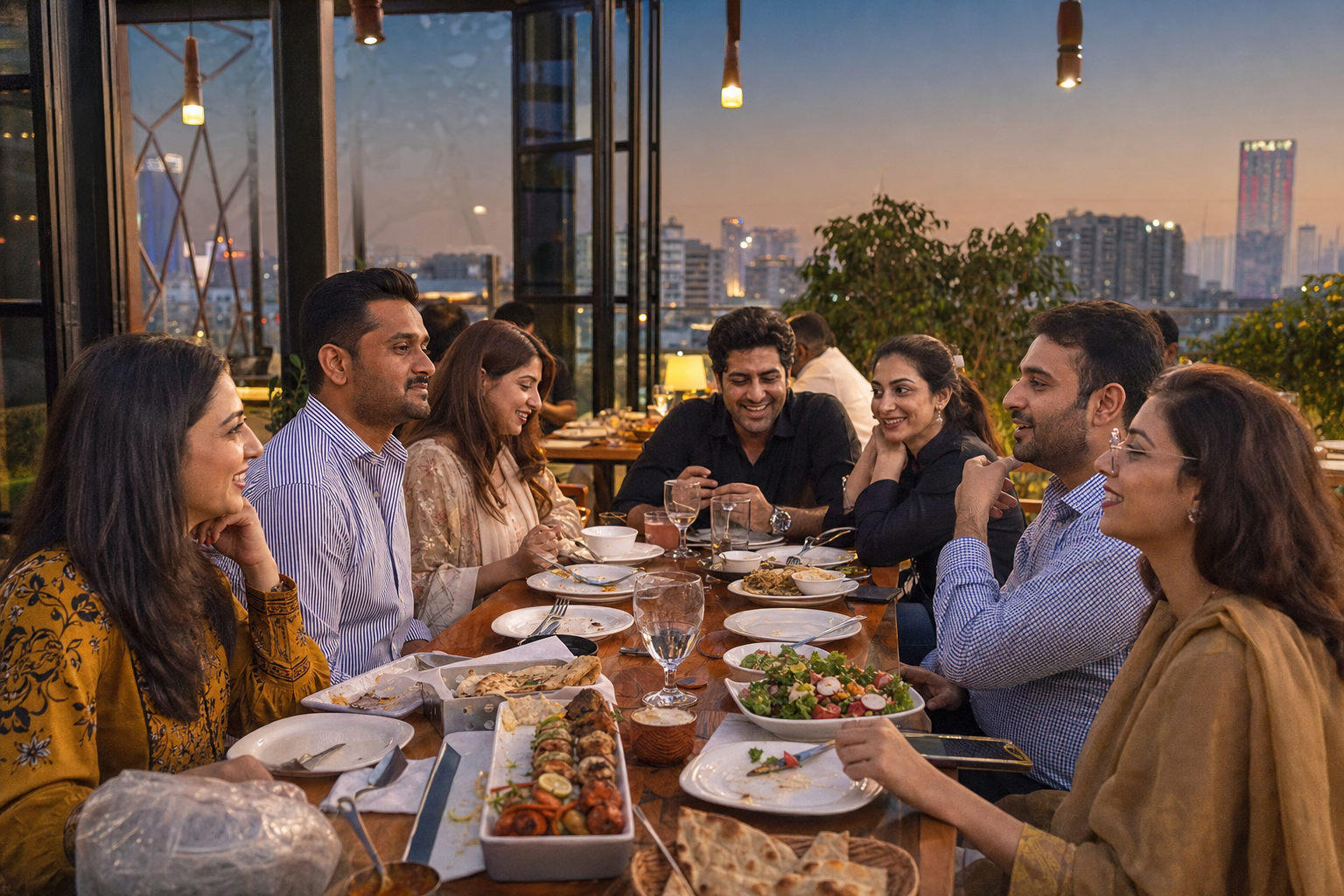 Team rooftop dinner overlooking the city