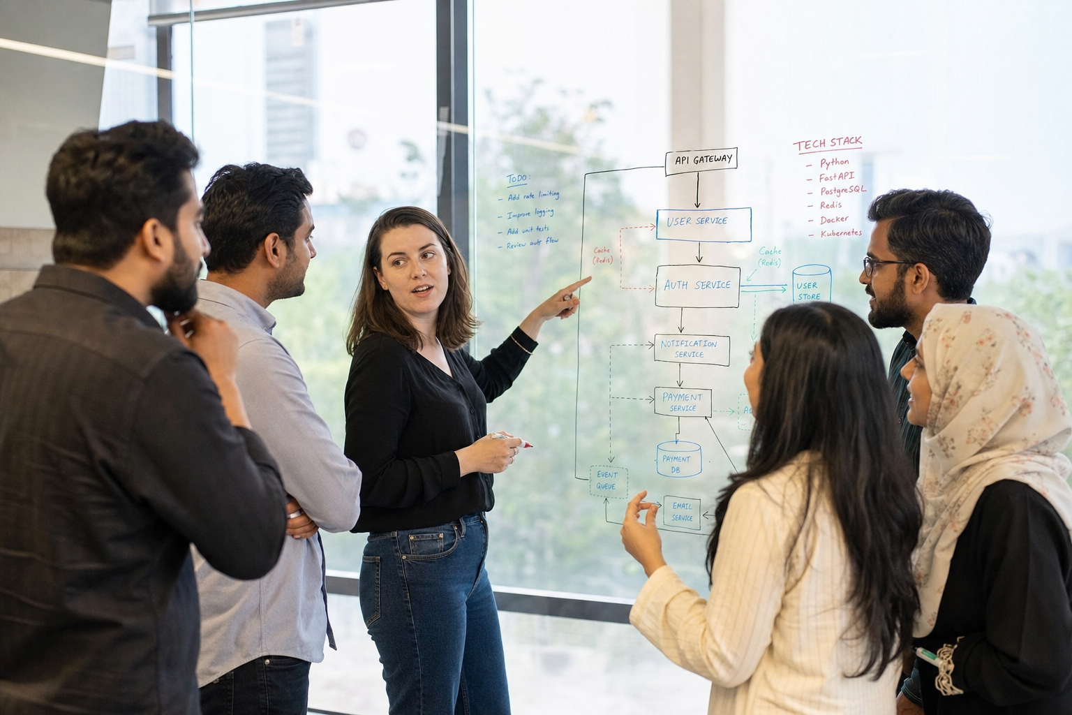 Engineering team collaborating around a glass whiteboard